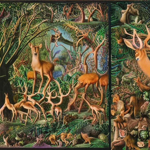 Prompt: rankin bass stop motion tree of life surrounded by deer and other forest animals, cinestill, by ernst haeckel and alex grey