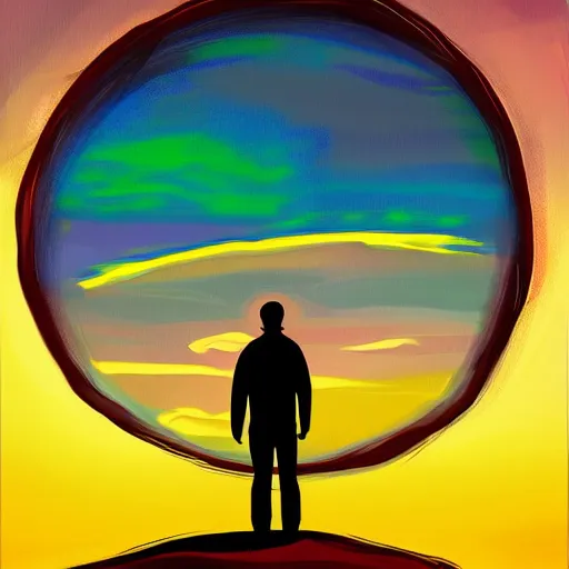 Image similar to a lonely man standing on a deserted planet, glow, acrylic art, painting, canvas, gloomy, digital art,