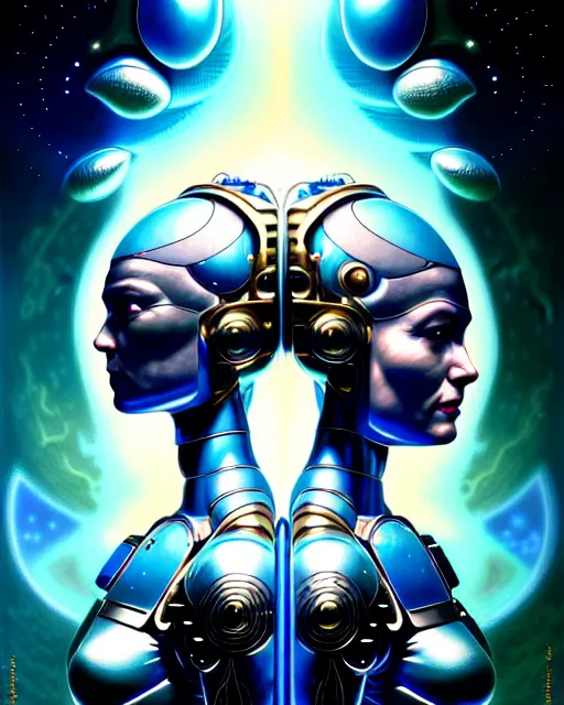 Prompt: a portrait of gemini man and woman fantasy character portrait made of fractals facing each other, ultra realistic, wide angle, intricate details, the fifth element artifacts, highly detailed by peter mohrbacher, hajime sorayama, wayne barlowe, boris vallejo, aaron horkey, gaston bussiere, craig mullins