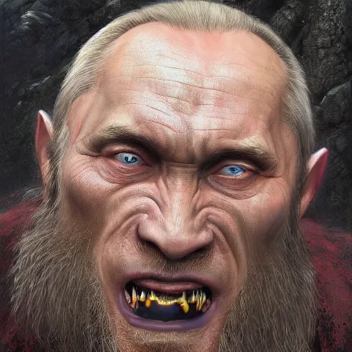 Image similar to vladimir putin, lord of the rings orcs leader, macabre by donato giancola and greg rutkowski and wayne barlow and zdzisław beksinski, realistic face, digital art