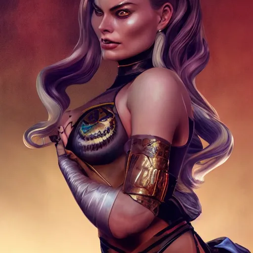 Image similar to a portrait of margot robbie as a dead or alive fighting game character, urban motifs, intricate, elegant, highly detailed, digital painting, trending on artstation, concept art, smooth sharp focus, illustration, art by artgerm and greg rutkowski