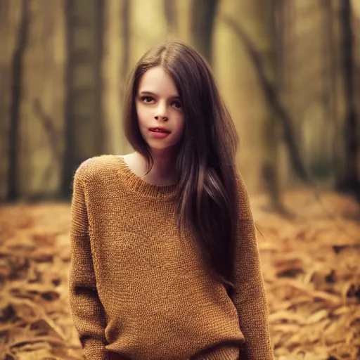 Image similar to real life photo of a beautiful girl, full body photoshoot, long brown hair, brown eyes, full round face, short smile, belly free, belly free brown sweater, forest setting, cinematic lightning, medium shot, mid - shot, highly detailed, trending on artstation, unreal engine 4 k, 8 0 mm, 8 5 mm, cinematic wallpaper