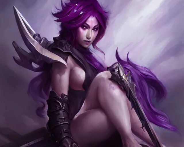 Prompt: purple hair demon hunter sharpening glaive sitting down, artstation; by astri lohne, kanliu666, chengwei pan, mingchen Shen, feng wei, crow god