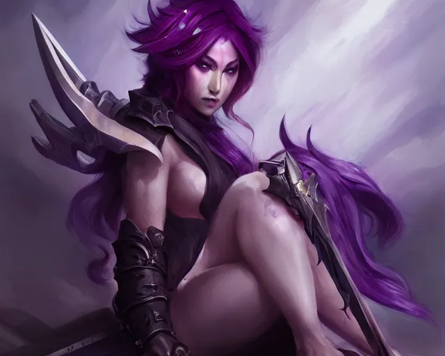 Image similar to purple hair demon hunter sharpening glaive sitting down, artstation; by astri lohne, kanliu666, chengwei pan, mingchen Shen, feng wei, crow god