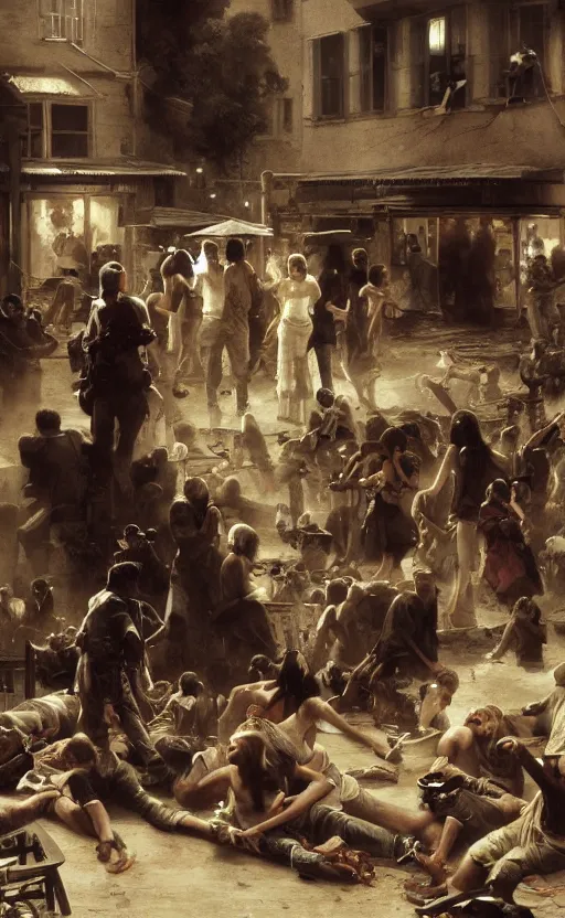 Image similar to patients partying outside the dance club during a war, intricate, highly detailed, artstation, illustration, jurgens, rutkowski, bouguereau