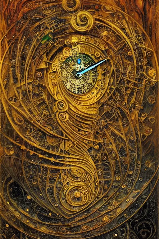 Image similar to The Helliquary by Karol Bak, Jean Deville, Gustav Klimt, and Vincent Van Gogh, otherworldly, fractal structures, arcane, clockface, spiral clock, inferno, inscribed runes, reliquary, infernal relics, ornate gilded medieval icon, third eye, spirals