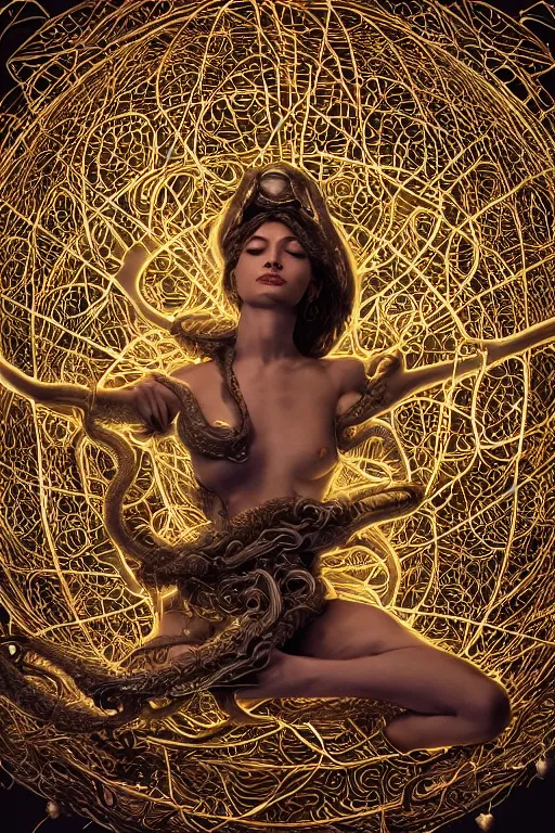 Prompt: an immaculate render of a complex metallic sphere spawning cables and bird wings, floating in a temple surrounded by wild tentacles made from mandalas and incense smoke, full body, perfect face, powerful, cinematic, beautifully lit, by vitally bulgarov, by greg rutowski, by galan pang, 3 d, trending on artstation, octane render, 8 k