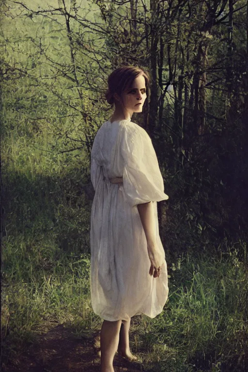 Prompt: color polaroid of Emma Watson by Andrei Tarkovsky, Richard Schmid, Jeremy Lipking full length shot, wearing in a summer dress, very detailed, stunning light