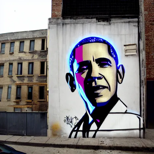 Prompt: futuresynth urban grafitti of barack obama by Banksy, trending on artstation