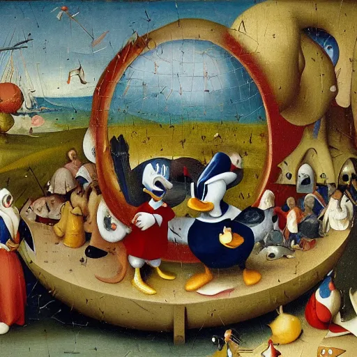 Image similar to donald duck in the garden of earthly delights by hieronymus bosch.