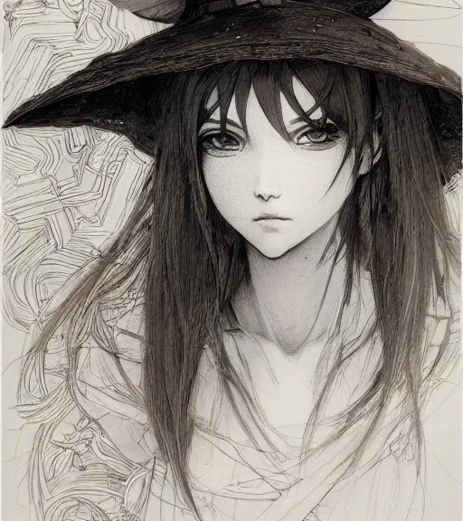 Prompt: portrait of anime woman wearing witch hat, pen and ink, intricate line drawings, by craig mullins, ruan jia, kentaro miura, greg rutkowski, loundraw