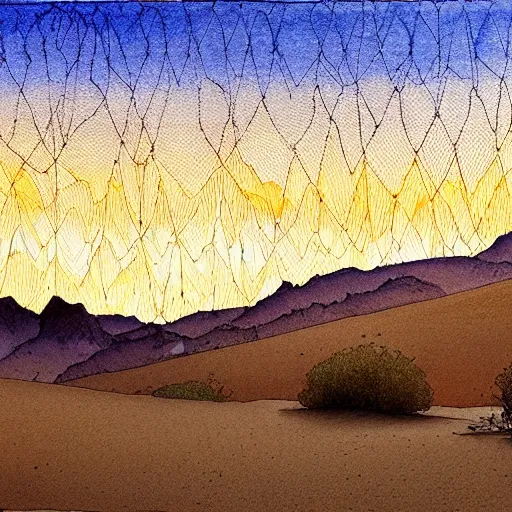 Image similar to desert landscape painting at twilight, watercolor, pen and ink, intricate lines, elegant, extreme detail, smooth, sharp focus, art by greg rutowski and vermeer and edward church