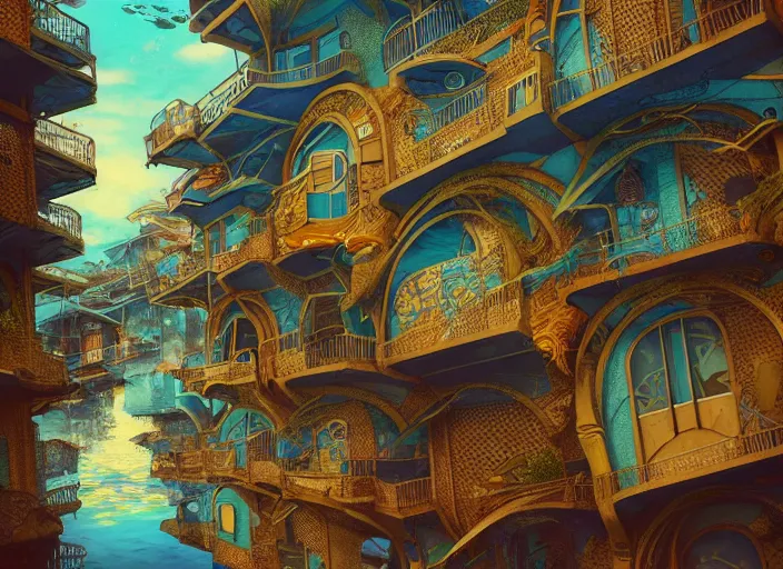 Prompt: art nouveau favela, underwater environment, scenery, professional, award - winning, trending on artstation, hyper detailed, realistic, beautiful, emotional, shiny, golden, picture