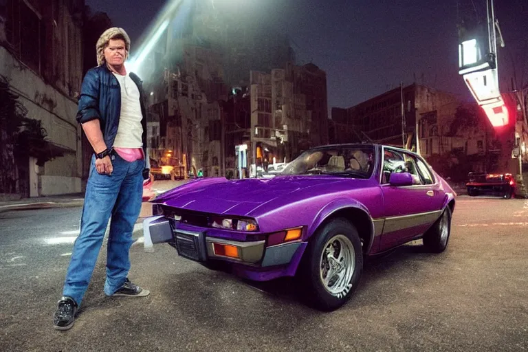 Image similar to 80s dressed Kurt Russel posing and in the background there two 80s sports cars parked on a deserted city street at night time, purple lighted street, wide angle, cinematic, retro-wave vibes, grainy, soft motion blur