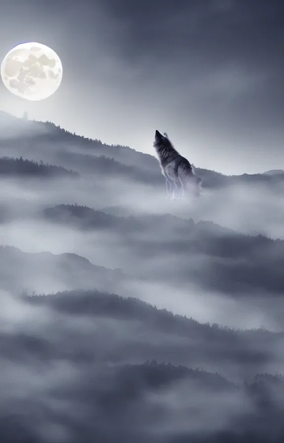 Image similar to a photograph of a wolf at full moon in a mountainous environment, full moon with fog and clouds, concept art, epic lighting, cinematographic