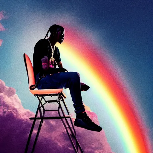 Image similar to Travis Scott sitting on a chair floating over Earth, 4k, Aubrey Powell, vintage photo, lens flare, beautiful cinematography, rainbow, surreal, film grain