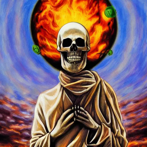 Prompt: ultrarealistic mixed art painting of a skull face Jesus Christ standing tall with the earth sphere in background, drowning into thermonuclear blast mushroom, praying for peace