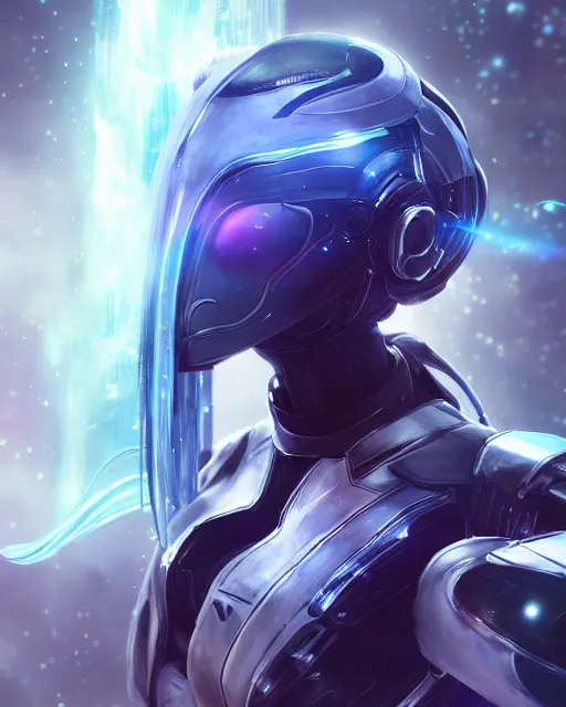 Image similar to perfect android girl on a mothership, warframe armor, beautiful face, scifi, futuristic, galaxy, nebula, raytracing, dreamy, long white hair, blue cyborg eyes, sharp focus, cinematic lighting, highly detailed, artstation, divine, by gauthier leblanc, kazuya takahashi, huifeng huang