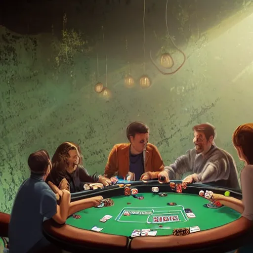 Prompt: A group of people playing poker at a poker table in the middle of an abandoned building, big room, with vines and plants growing out of cracks, broken walls and ceiling with natural light shining through, the light shows dust in the air, digital art, award winning art, 8k