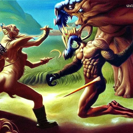 Prompt: epic battle between badgers and sockpuppets, fantasy art by Boris Vallejo