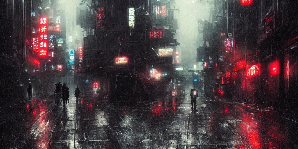 Prompt: Scene of a dark and gritty japanese cyberpunk city in the rain during midnight, heavy contrast, 4k, cozy wallpaper, trending on Artstation, award-winning, art by Greg Rutkowski