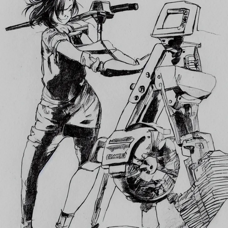 Image similar to manga sketch of a girl wielding a rotary buzzsaw