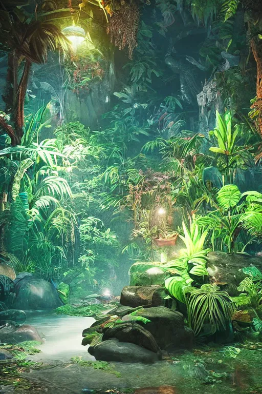 Prompt: Amazonian neon jungle at night with rocks and water puddle on the floor and exotic animals hidden in the foliages, unreal 5, hyperrealistic, realistic, photorealistic, dynamic lighting, highly detailed, cinematic landscape, studio landscape, studio lighting