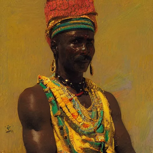 Image similar to portrait of king of dahomey outdoors dressed in airy benin toga and sandals, 1905, brightly coloured oil on canvas, by ilya repin