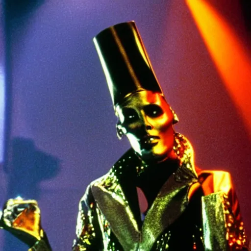 Image similar to movie still, grace jones wearing an tin man suit in bill & ted's excellent adventure, eldritch horror edition, realistic, 8 k