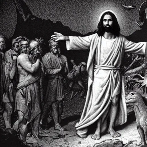 Prompt: Jesus Christ preaching to the dinosaurs