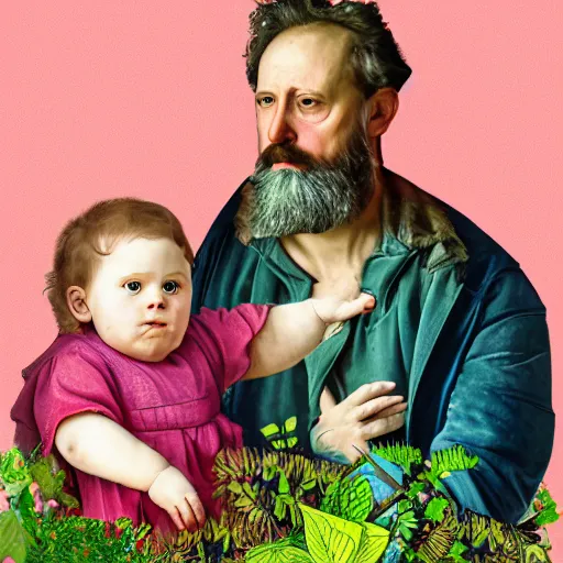 Prompt: hyperdetailed father with a beautiful child, overgrown by maximalist plants. mixed media collage, in the style of Caravaggio. vibrant pastel tones matte background HD 8x sharp finish