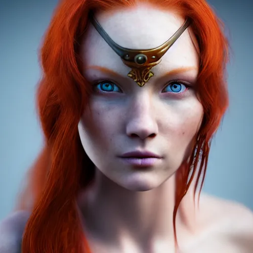 Image similar to north female warrior, red hair, ginger hair, fantasy, high detailed, photography, cloudy, lightweight armor, Scandinavia, plain, Authentic, detailed face, cute face, model, glowing skin, blue eyes, professional photographer, masterpiece, 8k, 3D