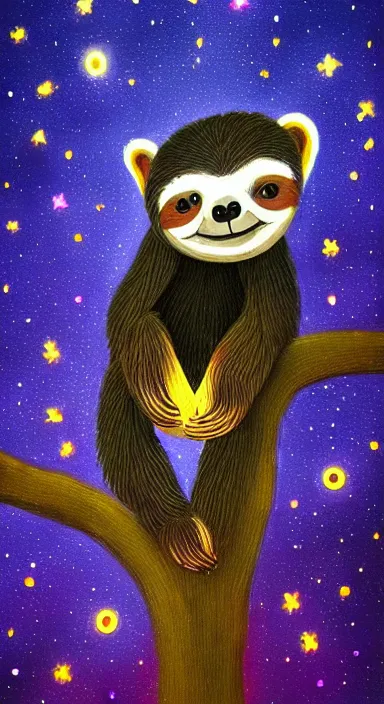 Image similar to beautiful dark night with many stars and clouds, a cute sloth on a tree!! with string lights, everything!! made of thick flowing dramatic paint brush strokes, stylish abstract impressionism, matte colors, trending on artstation