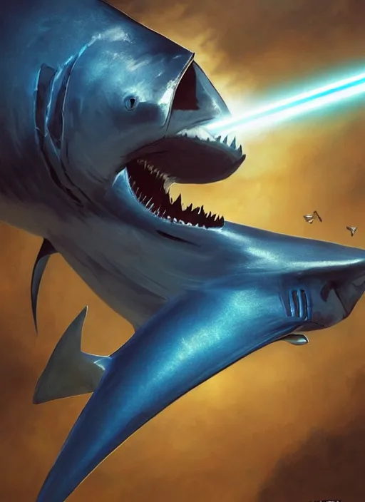 Image similar to blue thresher shark wearing plate armor, no helmet, shark holding a lightsaber, fantasy, wonderful masterpiece highly detailed, scifi, beautiful cinematic light deep focus, elegant, digital painting, smooth, sharp focus, golden ratio, dramatic illumination, ultra realistic, 8 k, art by ilya kuvshinov, artgerm, alphonse mucha, and greg rutkowski