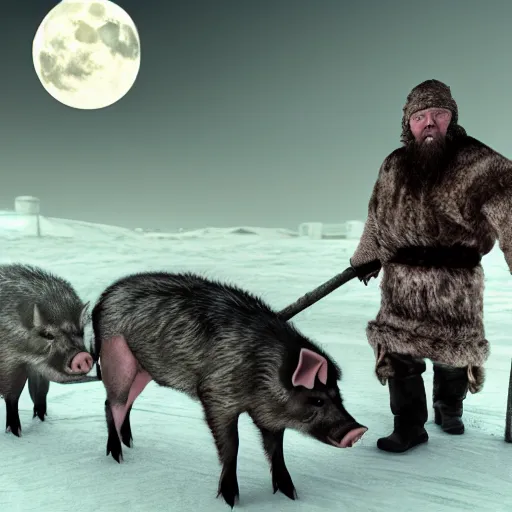 Image similar to the harvesting of 1 0 0 0 pigs by horrible viking men dressed in wolves clothing. in wintertime. in the moonlight. hyper realistic 8 k render.