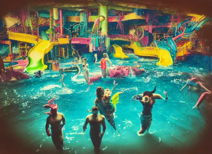 Image similar to abandoned colorful indoor water park with strange creatures lurking, polaroid photo