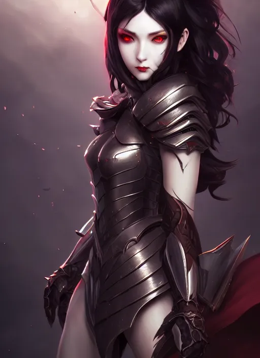 Image similar to full plate armor!!! beautiful and elegant dark hair female vampire!! gorgeous ayes!! character concept art, sharp focus, octane render! unreal engine 5! highly rendered!! trending on artstation!! detailed linework!! illustration by artgerm, wlop, and chie yoshii