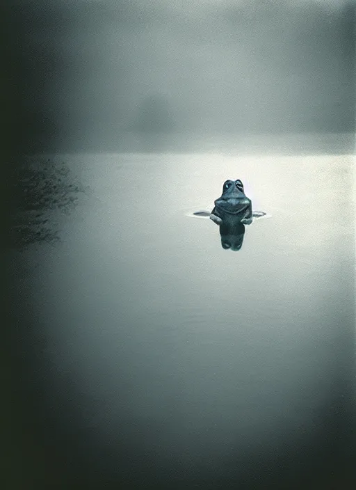 Image similar to “semitranslucent smiling frog vertically hovering over misty lake waters in jesus christ pose, low angle, long cinematic shot by Andrei Tarkovsky, paranormal, eerie, mystical”