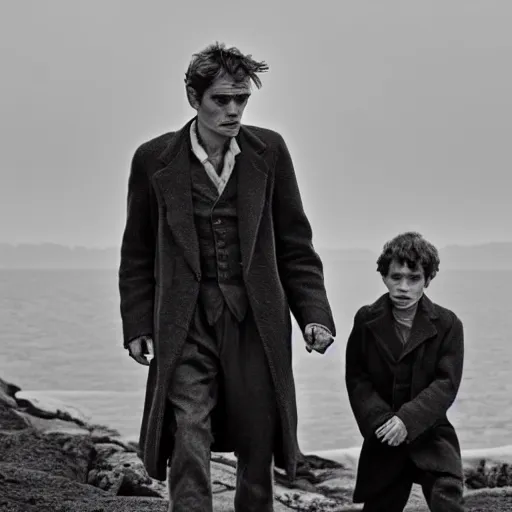 Image similar to Willem Dafoe and Robert Pattinson in The Lighthouse (2019), black and white cinematography