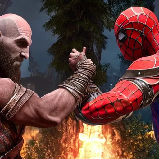 Image similar to screenshot of the game God of War with Kratos and Spiderman high fiving | Sony Pictures official media | Spiderman | Spiderman | Spiderman