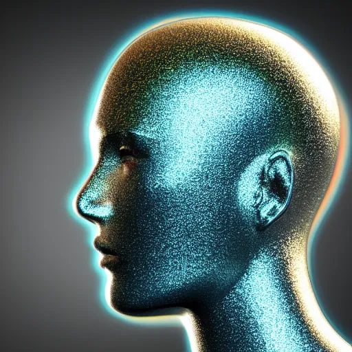 Image similar to 3d render of holographic human robotic head made of glossy iridescent, surrealistic 3d illustration of a human face non-binary, non binary model, 3d model human, cryengine, made of holographic texture, holographic material, holographic rainbow, concept of cyborg and artificial intelligence