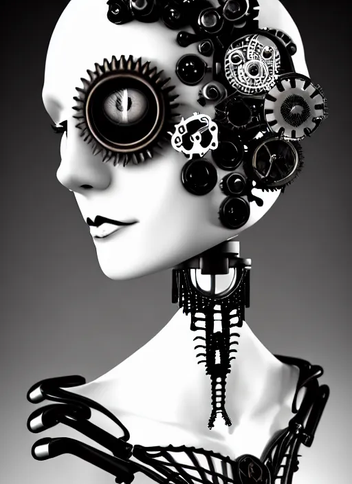 Image similar to 1 9 3 0 black and white gothic masterpiece profile face portrait, one steampunk eye biomechanical beautiful young female cyborg - robot, body meshes, big monocular, volumetric light, hibiscus flowers, by hg giger, rim light, big gothic fashion pearl embroidered collar, 8 k