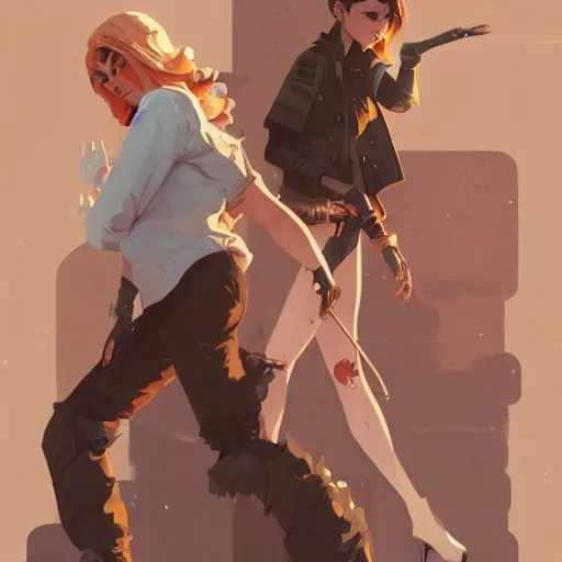 Image similar to portrait of stoic heroic blonde tomboy butch woman engineer and tall brunette goth feminine woman standing back to back by atey ghailan, by greg rutkowski, by greg tocchini, by james gilleard, by joe fenton, by kaethe butcher, dynamic lighting, gradient light blue, brown, blonde cream and white color scheme, grunge aesthetic