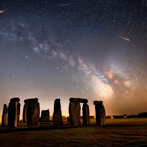 Image similar to a high - quality photo of the perseid meteor shower over stonehenge, isometric, realistic, milky way, long exposure, iso 1 6 0 0, astrophotography, f 2. 8