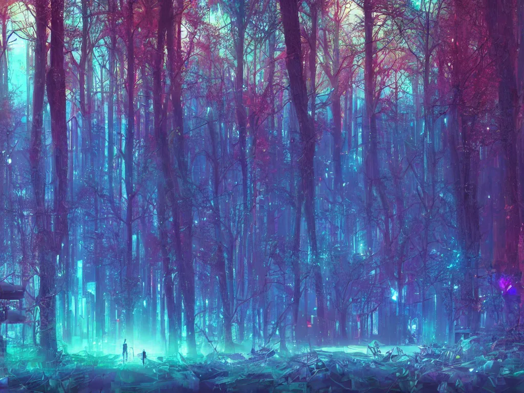 Image similar to mystical colorful cyberpunk forest with a clear blue lake in a clearing where an abstract nebula crystal sculpture is floating above it, powerful, ethereal, vaporwave