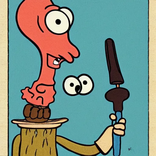 Image similar to squidward with hair, from spongebob squarepants holding a hammer, intricate abstract, cartoon by stephen hillenburg