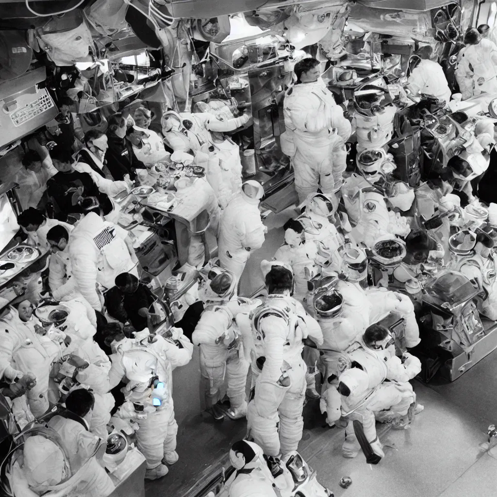 Prompt: hungry nasa astronaut queueing at a hot dog stand on the moon. from nasa history images archive