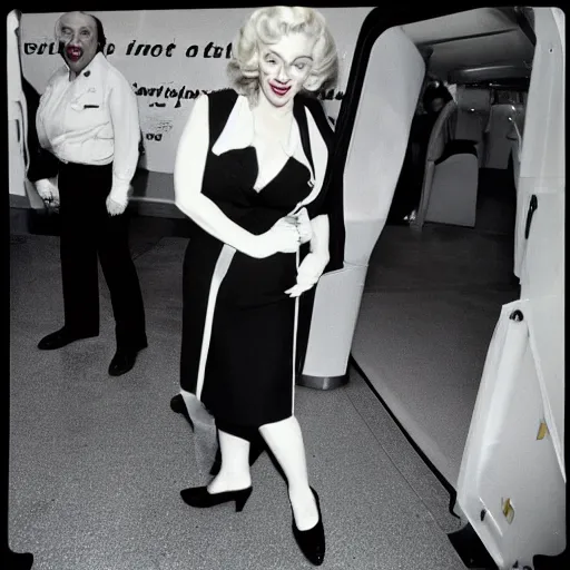 Image similar to a 35mm film camera photography of marilyn monroe as a flight attendent in 1998