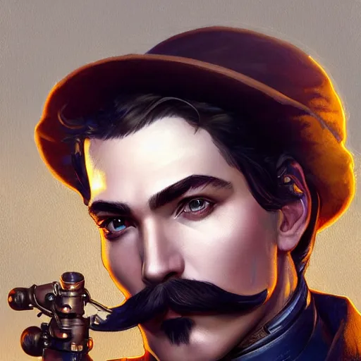 Image similar to Three quarters portrait of a male steampunk character with a moustache, highly detailed, digital painting, art by Stanley Lau and Artgerm and magali villeneuve and Alphonse Mucha, artstation, octane render, cgsociety