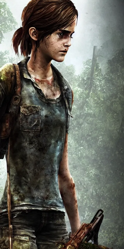 Image similar to TLOU The Last Of Us Screenshot emma watson as ellie from The Last Of Us full body fashion model emma watson very rusty very worn out very torn texture